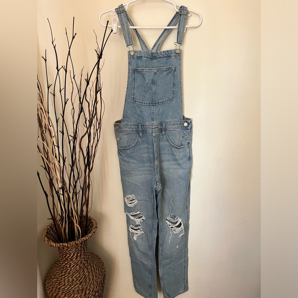 &Denim Light Wash Destroyed Overalls - N1111
